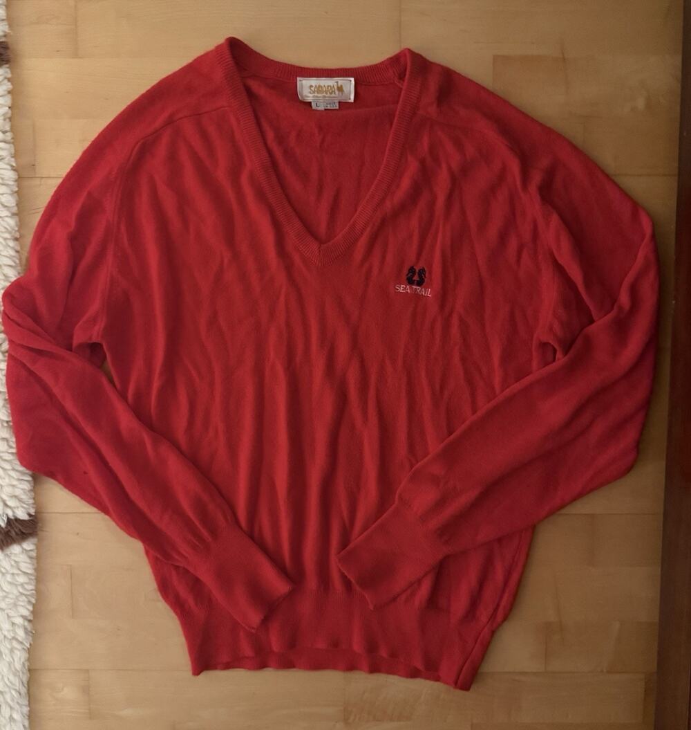 VTG Sahara Red V Neck Knit Sweater Sea Trail Seahorse L